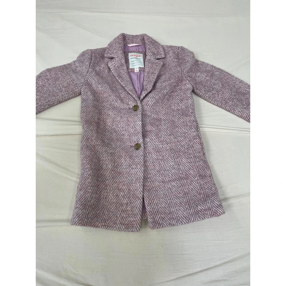 Cat & Jack Girls Pink Purple Herringbone Pea Coat Jacket Size S 6-6X